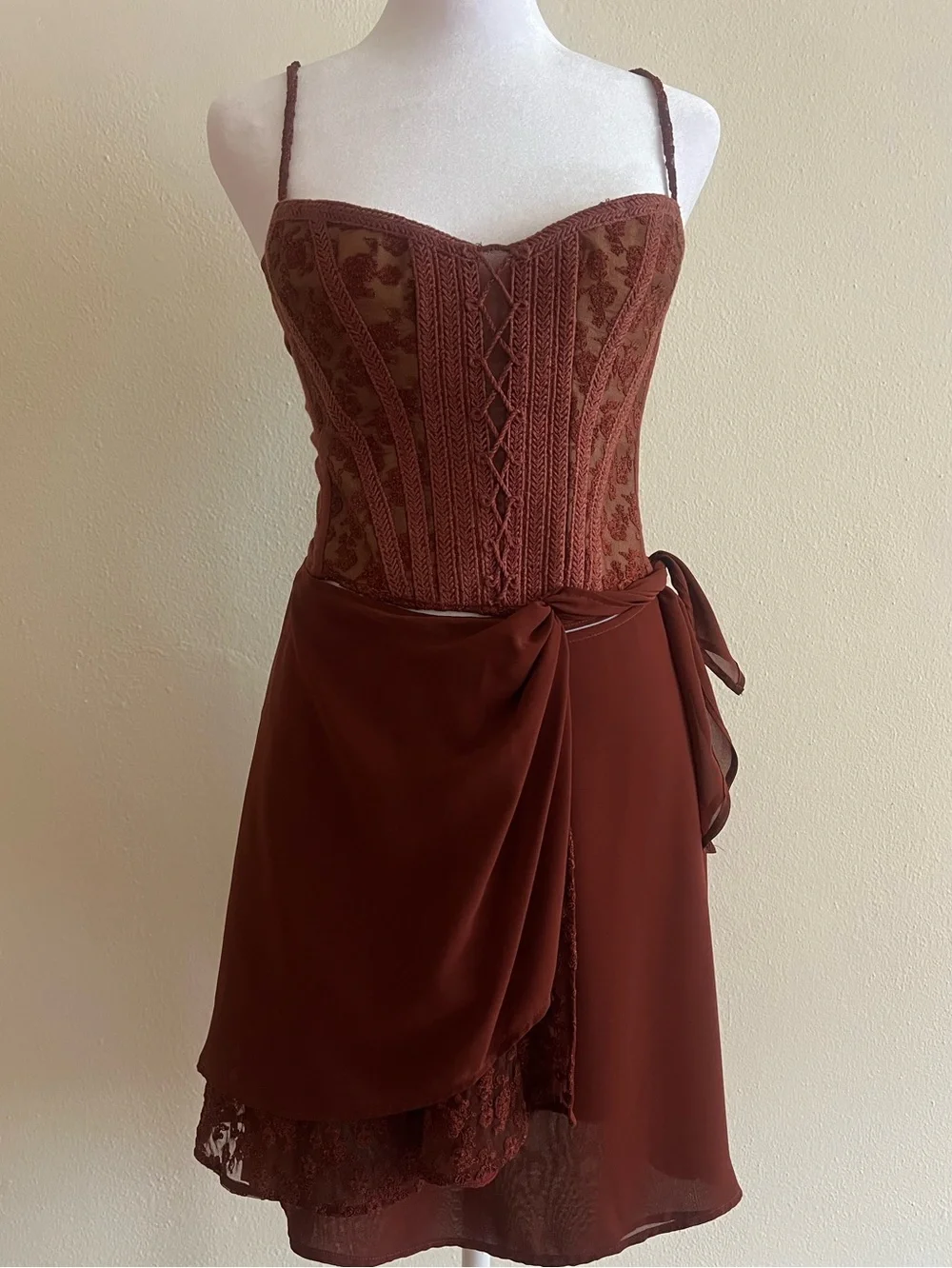 Ritmo di Perla Italy 2PC Set Brown Lace Corset Mini Skirt Size 42 Vintage - Picture 3 of 12